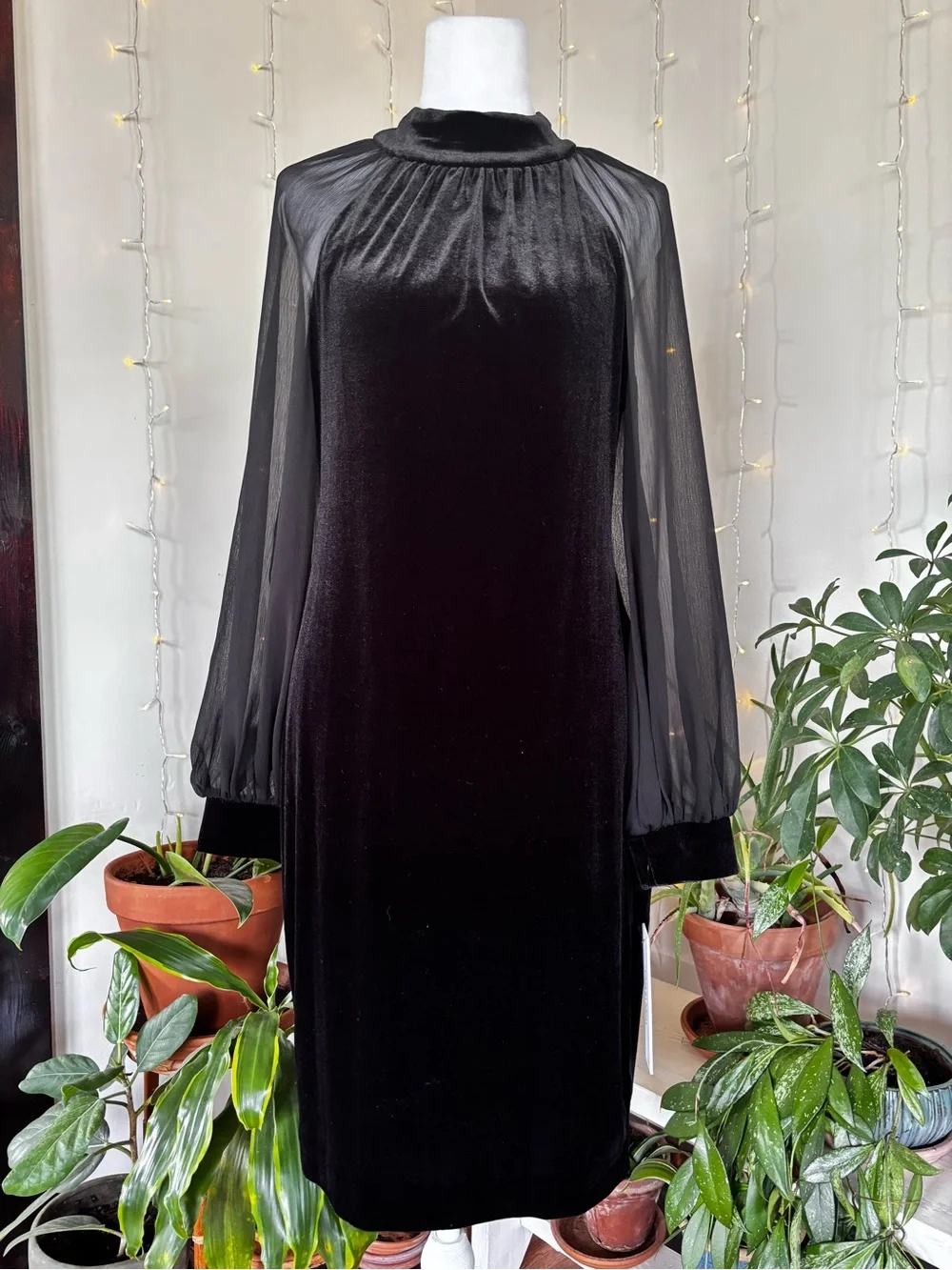 Calvin Klein Velvet Shift Dress Sheer Sleeves NWT Black Mock Neck Dress